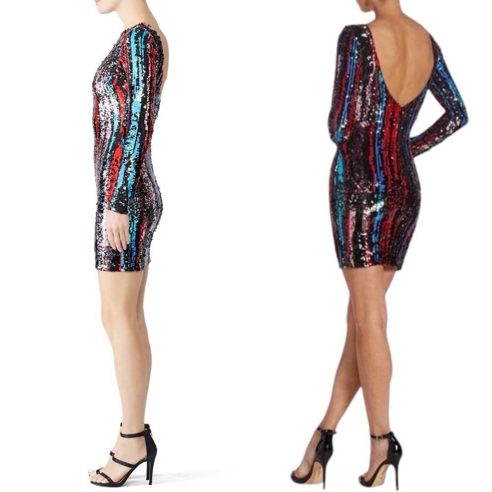 DRESS THE POPULATION LOLAMULTI SEQUIN BRUSH STROKE LONG SLEEVE MINI SHEATH DRESS